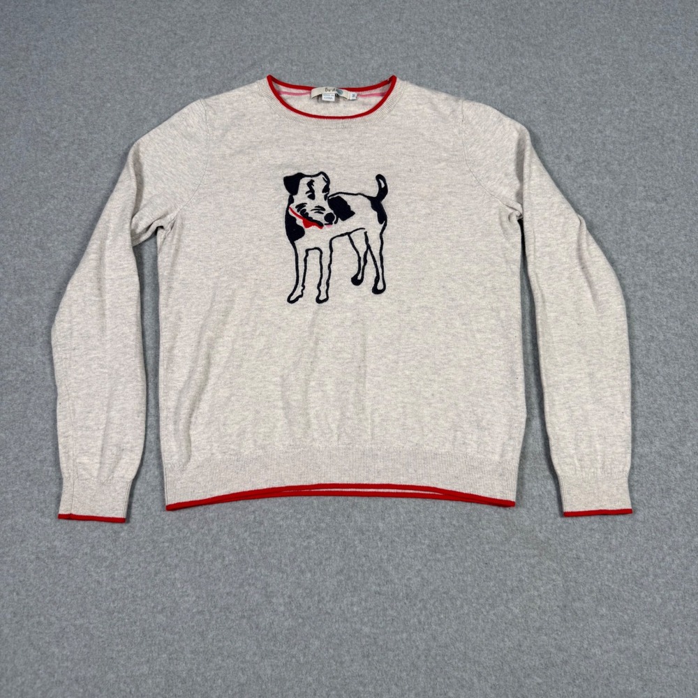 Boden Womens Oatmeal Wool Cotton Fox Terrier Dog Intarsia Sweater Red Trim M - Picture 2 of 8